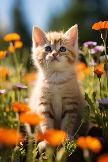 Gros plan sur un chaton entouré de fleurs