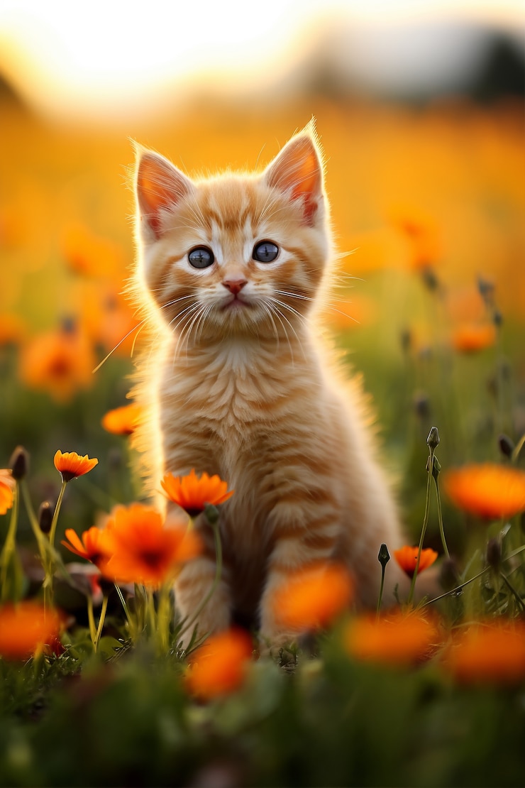 Photo gratuit gros plan sur un chaton entouré de fleurs