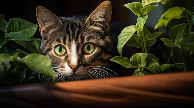 Photo gratuite gros plan sur un chaton entouré de plantes