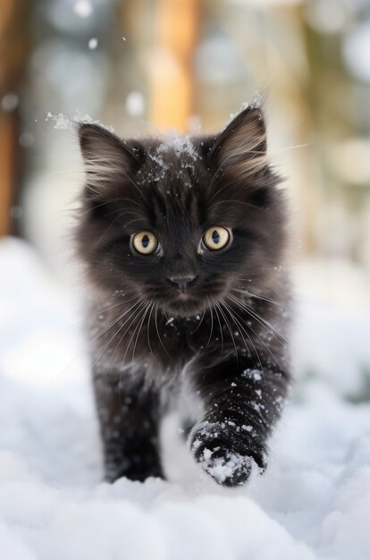 Gros plan sur un chaton marchant dans la neige