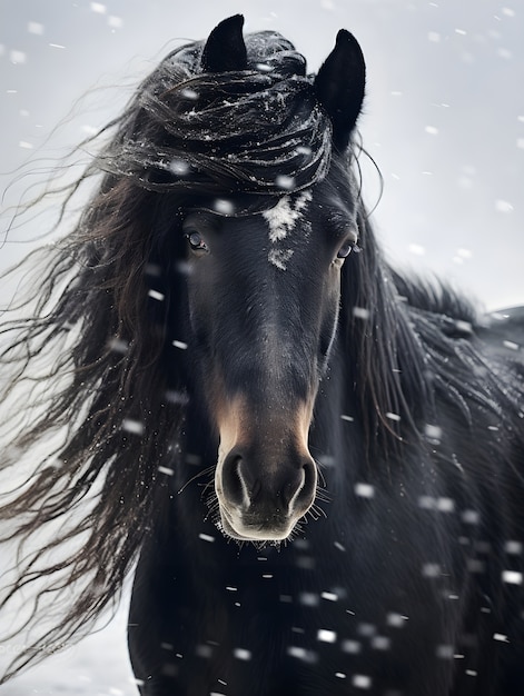 Photo gratuite gros plan sur le cheval par temps neigeux