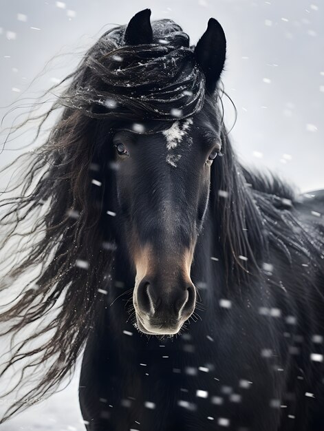 Gros plan sur le cheval par temps neigeux