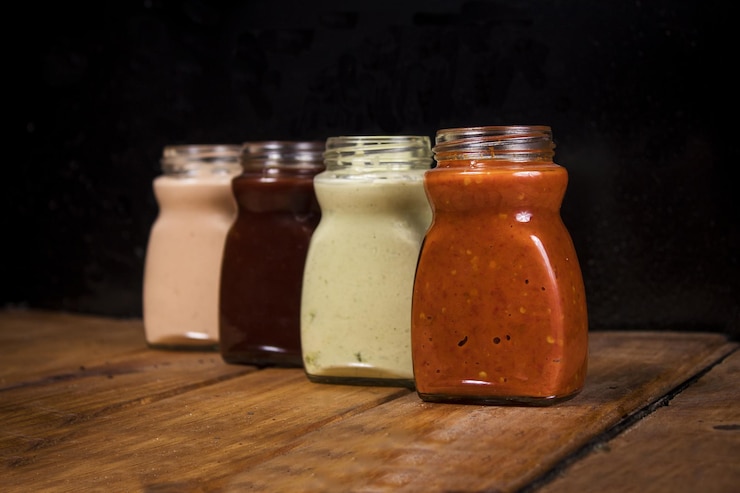 Photo gratuit gros plan de diverses sauces dans des bocaux en verre