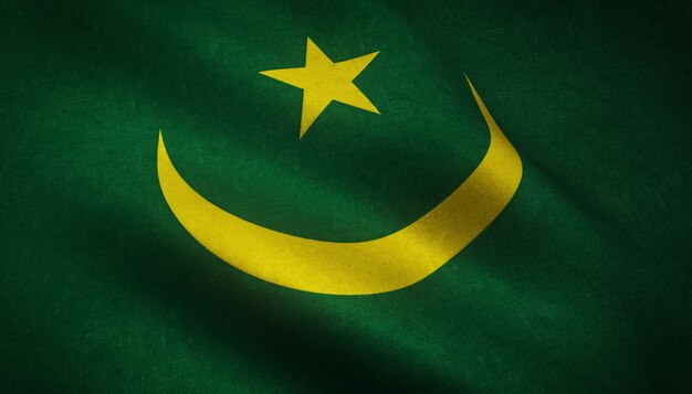 Gros plan du drapeau ondulant de la Mauritanie avec des textures intéressantes