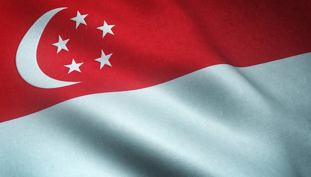 Gros plan du drapeau ondulant de Singapour avec des textures intéressantes