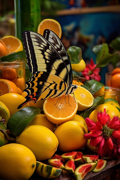 Photo gratuite un gros plan du papillon près des fruits