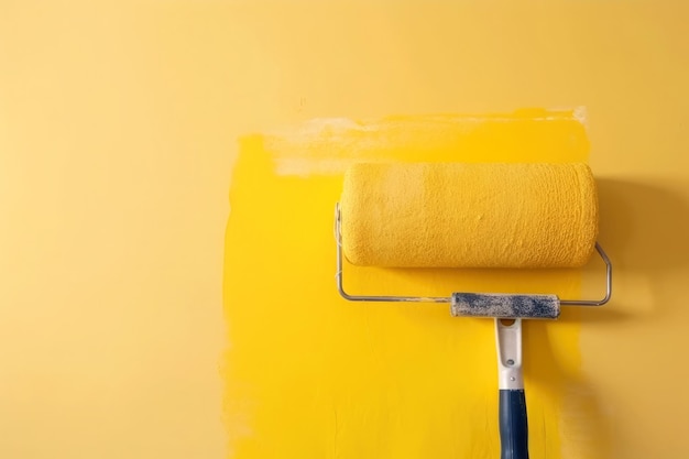 Gros plan du rouleau peignant un mur blanc avec de la peinture jaune Espace de copie Ai génératif