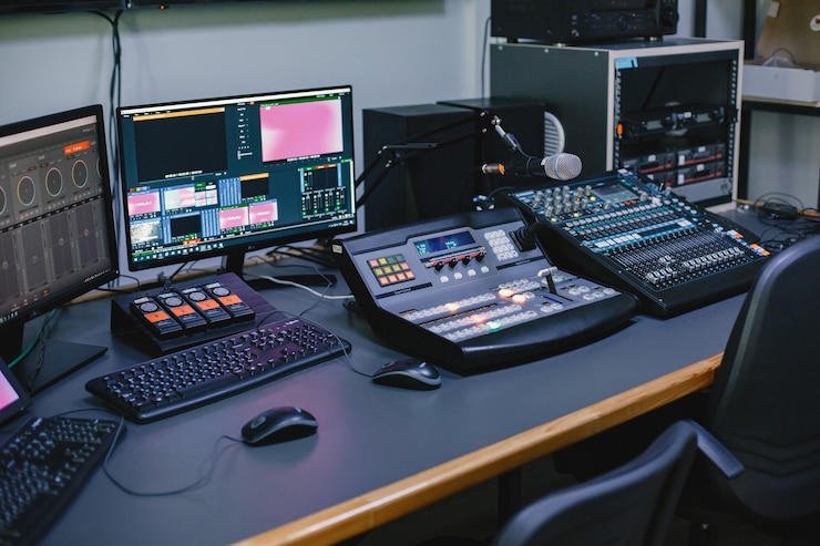 Photo gratuit gros plan du studio d'ingénieur du son avec équipement