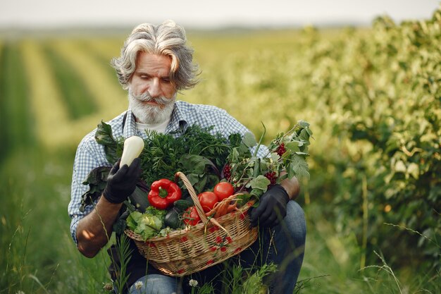 Gros plan du vieux fermier tenant un panier de légumes. L'homme est debout dans le jardin. Senior dans un tablier noir.