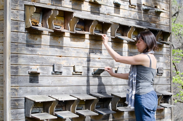 Gros plan d'une femme contrôlant sa maison d'apiculture