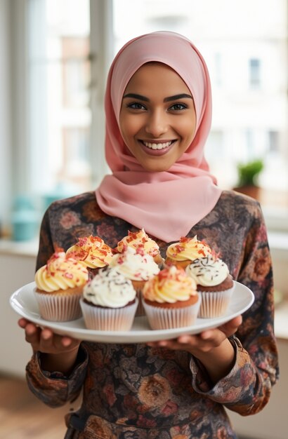 Gros plan sur une femme avec de délicieux cupcakes