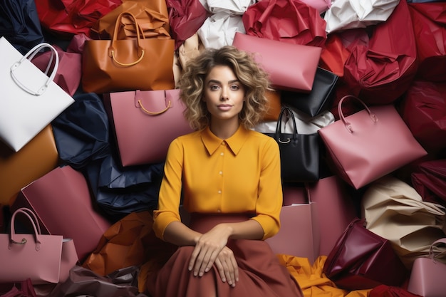 Gros plan sur une femme devant une pile de sacs