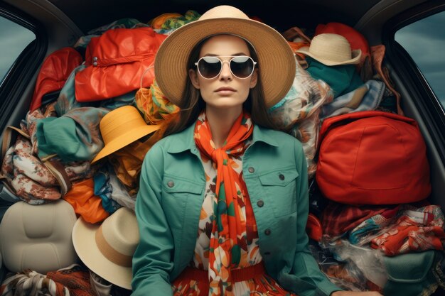 Gros plan sur une femme devant une pile de vêtements