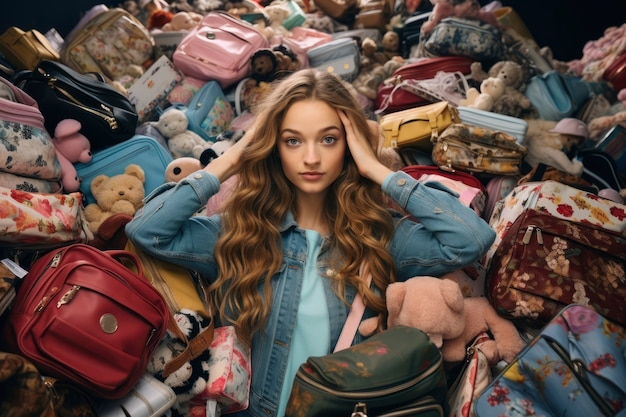 Photo gratuite gros plan sur une femme devant une pile de vêtements