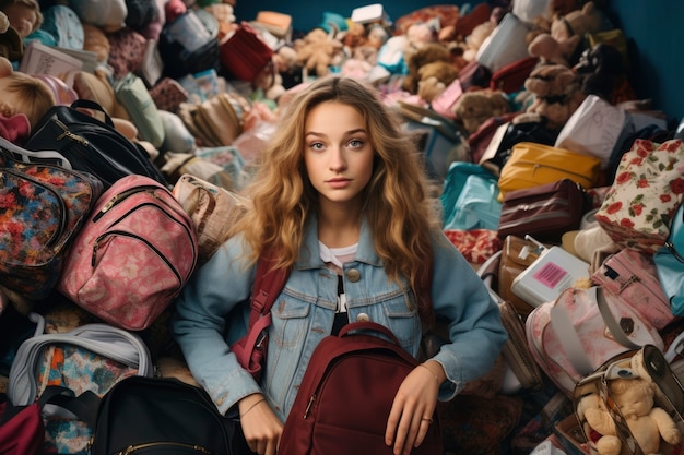 Photo gratuite gros plan sur une femme devant une pile de vêtements