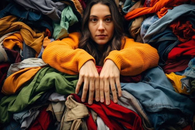 Gros plan sur une femme devant une pile de vêtements