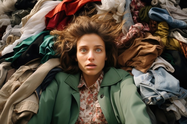 Photo gratuite gros plan sur une femme devant une pile de vêtements