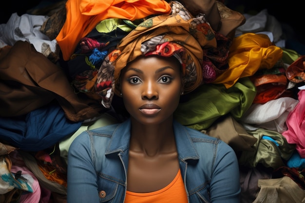 Gros plan sur une femme devant une pile de vêtements