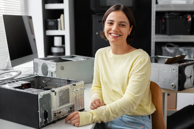 Gros plan sur une femme réparant des puces informatiques