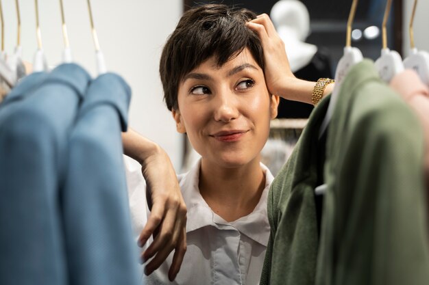 Gros plan femme souriante shopping