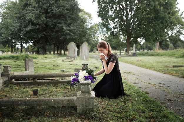 Gros plan sur une femme visitant la tombe d'un être cher