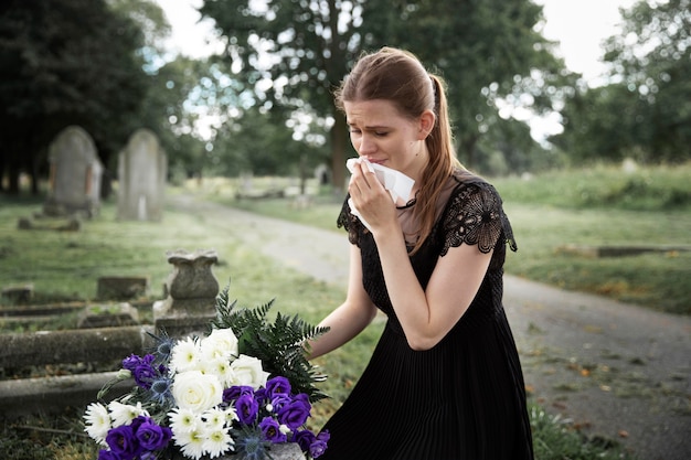 Gros plan sur une femme visitant la tombe d'un être cher