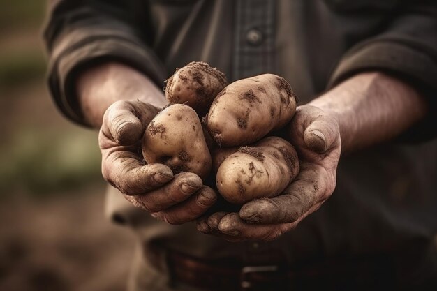 Gros plan fermier tenant dans sa main des pommes de terre fraîchement cueillies du sol Ai générative