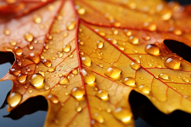 Gros plan des feuilles d'automne sèches avec des gouttes de rosée