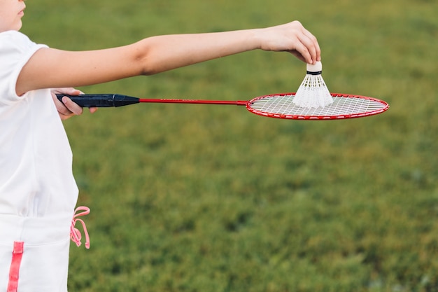 Gros plan, fille, badminton