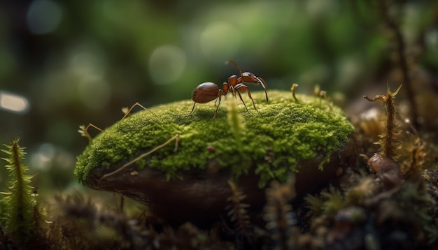 Gros plan sur une fourmi verte transportant de la nourriture dans l'eau générée par l'IA