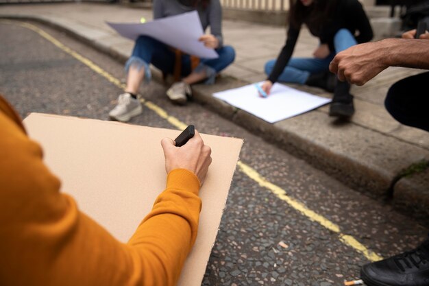 Gros plan des gens écrivant sur des pancartes