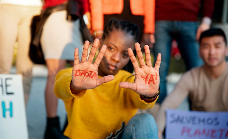 Photo gratuit gros plan des gens qui protestent contre le réchauffement climatique