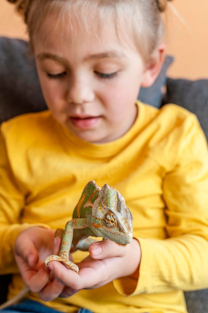 Gros plan, girl, tenue, caméléon