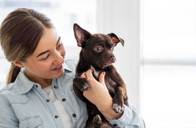 Gros plan, girl, tenue, chien