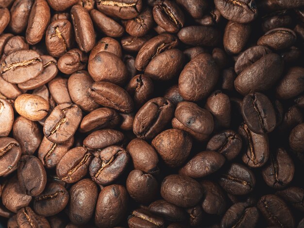Gros plan de grains de café brun frais