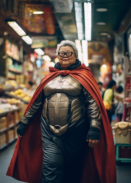 Gros plan sur une grand-mère de super-héros au supermarché