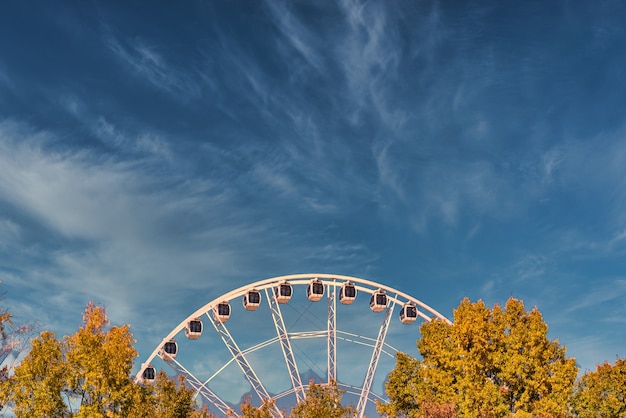 Gros plan d'une grande roue près des arbres sous un ciel bleu nuageux