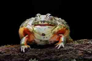 Photo gratuite gros plan de la grenouille ouaouaron africaine grenouille ouaouaron africaine sur bois avec fond noir