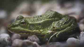 Photo gratuite gros plan d'une grenouille verte assise sur de petits cailloux blancs