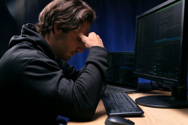 Photo gratuite gros plan sur l'homme concerné au bureau