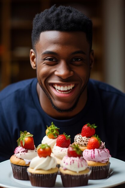 Gros plan sur un homme avec de délicieux cupcakes