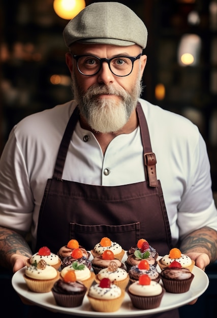 Photo gratuite gros plan sur un homme avec de délicieux cupcakes