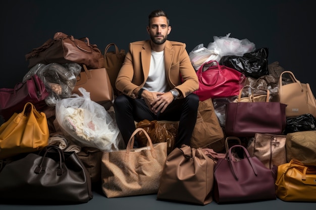 Photo gratuite gros plan sur un homme devant une pile de sacs