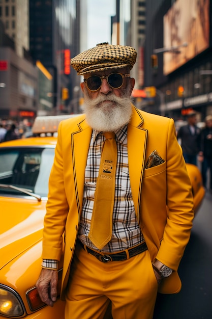 Gros plan sur un homme à la mode de New York avec un costume jaune