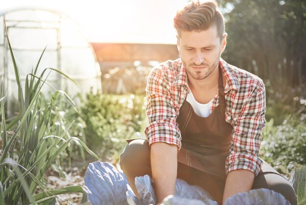 Gros plan sur l'homme regardant ses cultures