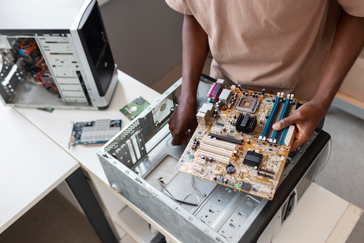 Photo gratuit gros plan sur un homme réparant des puces informatiques