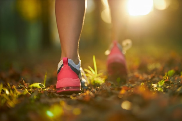 Gros plan des jambes féminines en baskets de sport jogging au parc