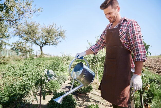 Gros plan sur le jeune jardinier prenant soin de son jardin