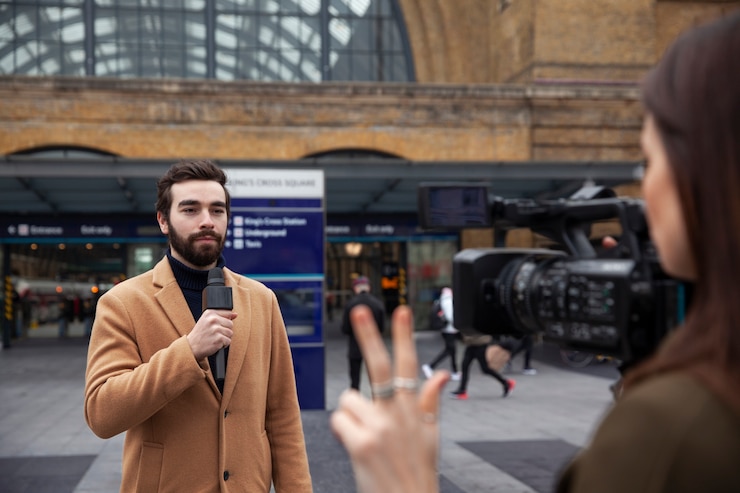 Photo gratuit gros plan des journalistes travaillant avec de l'équipement