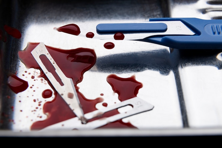 Photo gratuit gros plan sur des lames de scalpel médical sanglant métallique